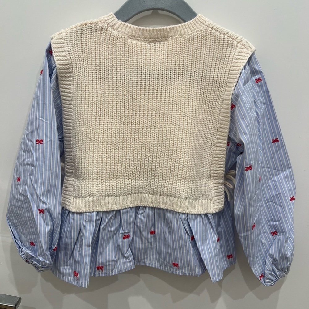 Zara Light Blue and Cream Kids Blouse with Knit Overlay - Picture 4 of 6